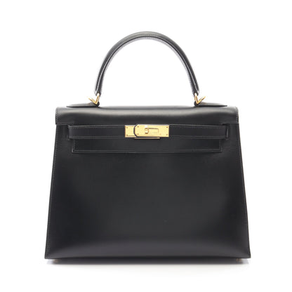 ケリー28 ハンドバッグ ボックスカーフ ブラック ゴールド金具 外縫い 2WAY エルメス バッグ HERMES