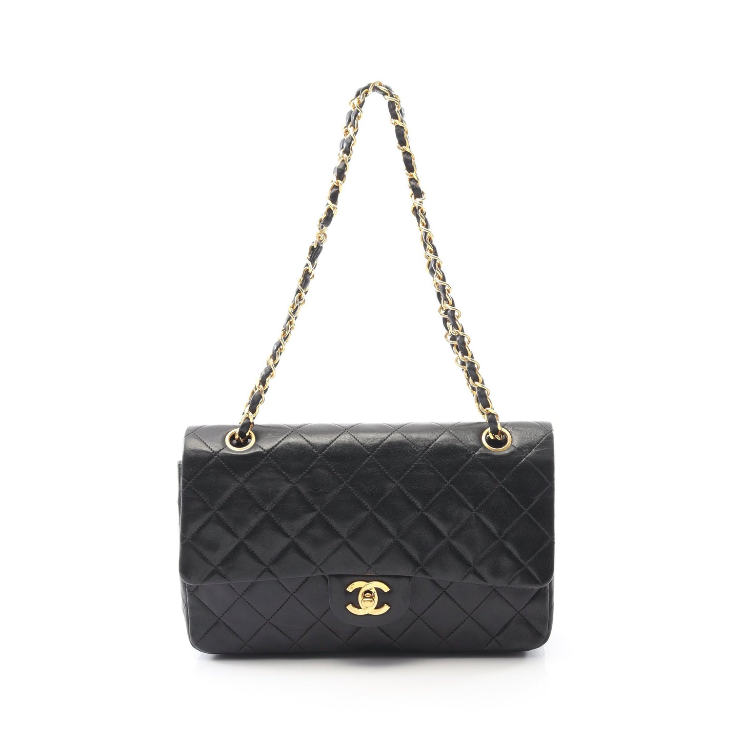 マトラッセ Wフラップ Wチェーンショルダーバッグ ラムスキン ブラック ゴールド金具 ヴィンテージ シャネル バッグ CHANEL