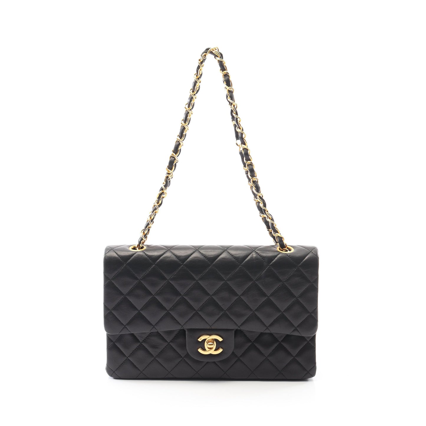 マトラッセ Wフラップ Wチェーンショルダーバッグ ラムスキン ブラック ゴールド金具 ヴィンテージ シャネル バッグ CHANEL