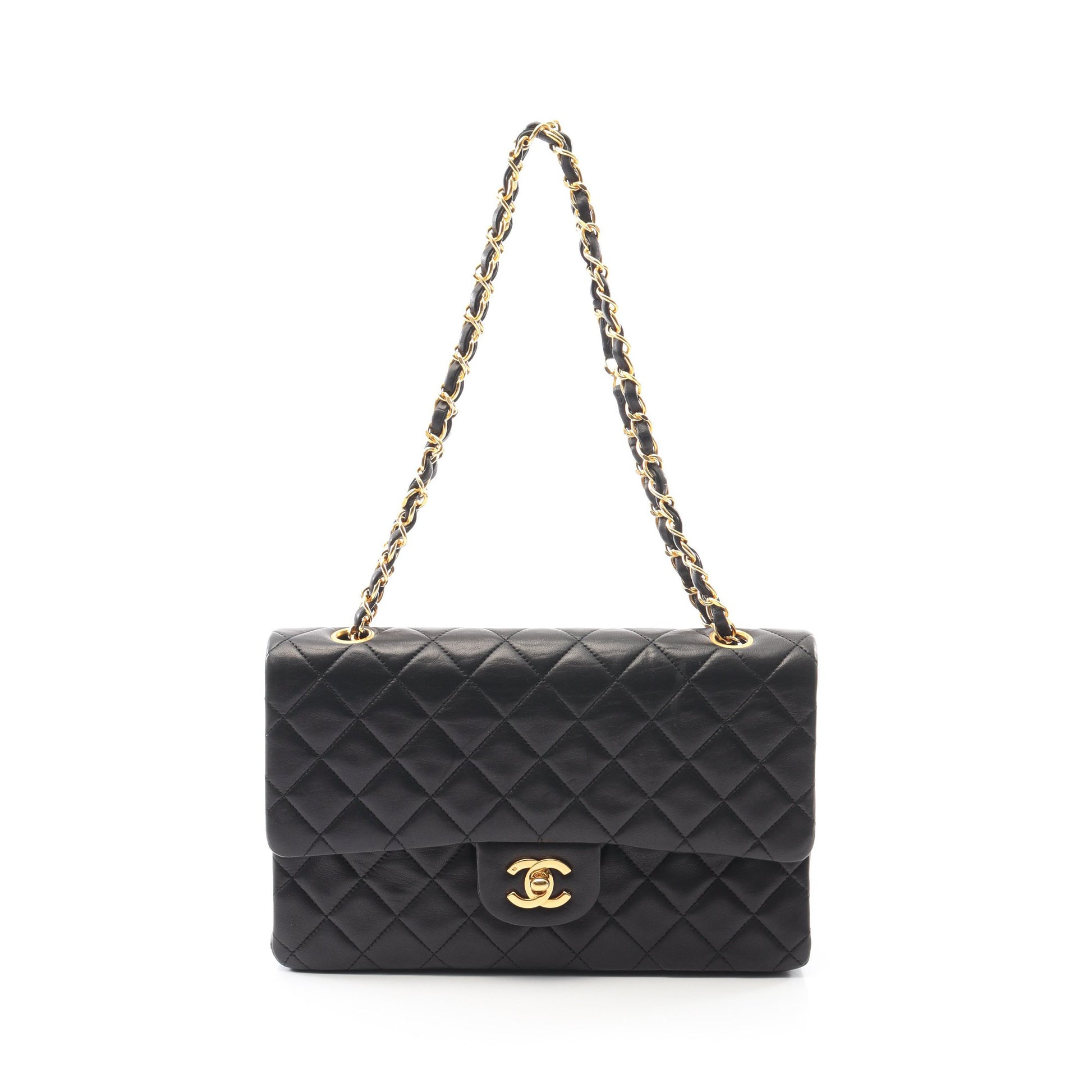 マトラッセ Wフラップ Wチェーンショルダーバッグ ラムスキン ブラック ゴールド金具 ヴィンテージ シャネル バッグ CHANEL