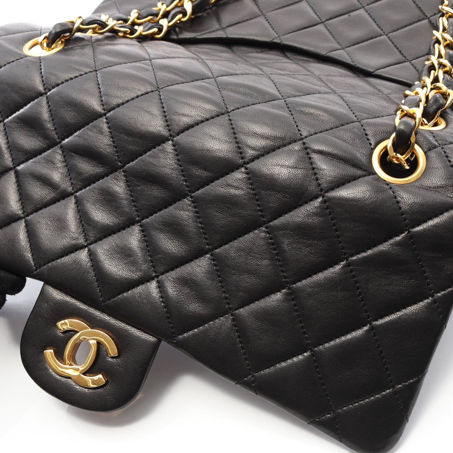 マトラッセ Wフラップ Wチェーンショルダーバッグ ラムスキン ブラック ゴールド金具 ヴィンテージ シャネル バッグ CHANEL