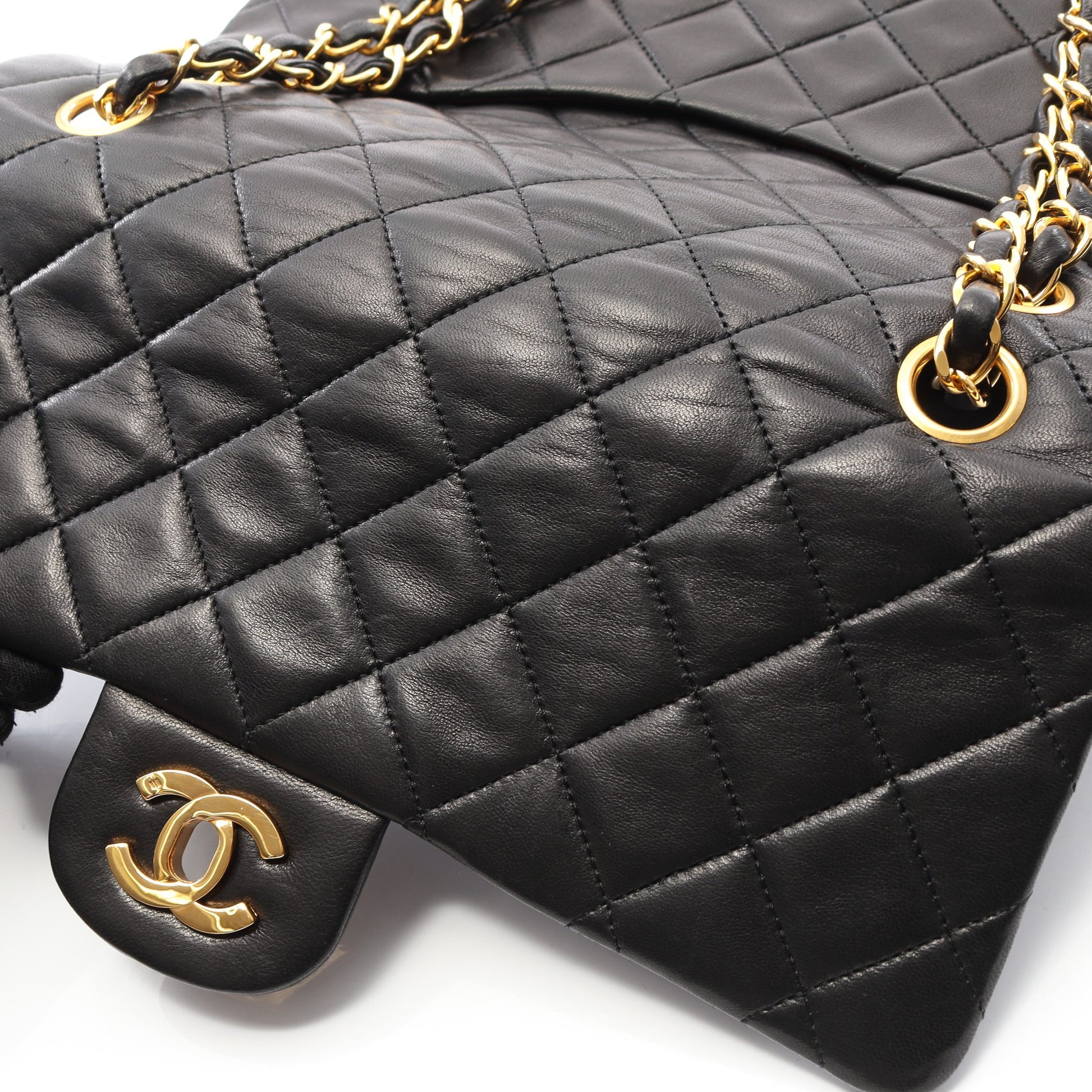 マトラッセ Wフラップ Wチェーンショルダーバッグ ラムスキン ブラック ゴールド金具 ヴィンテージ シャネル バッグ CHANEL