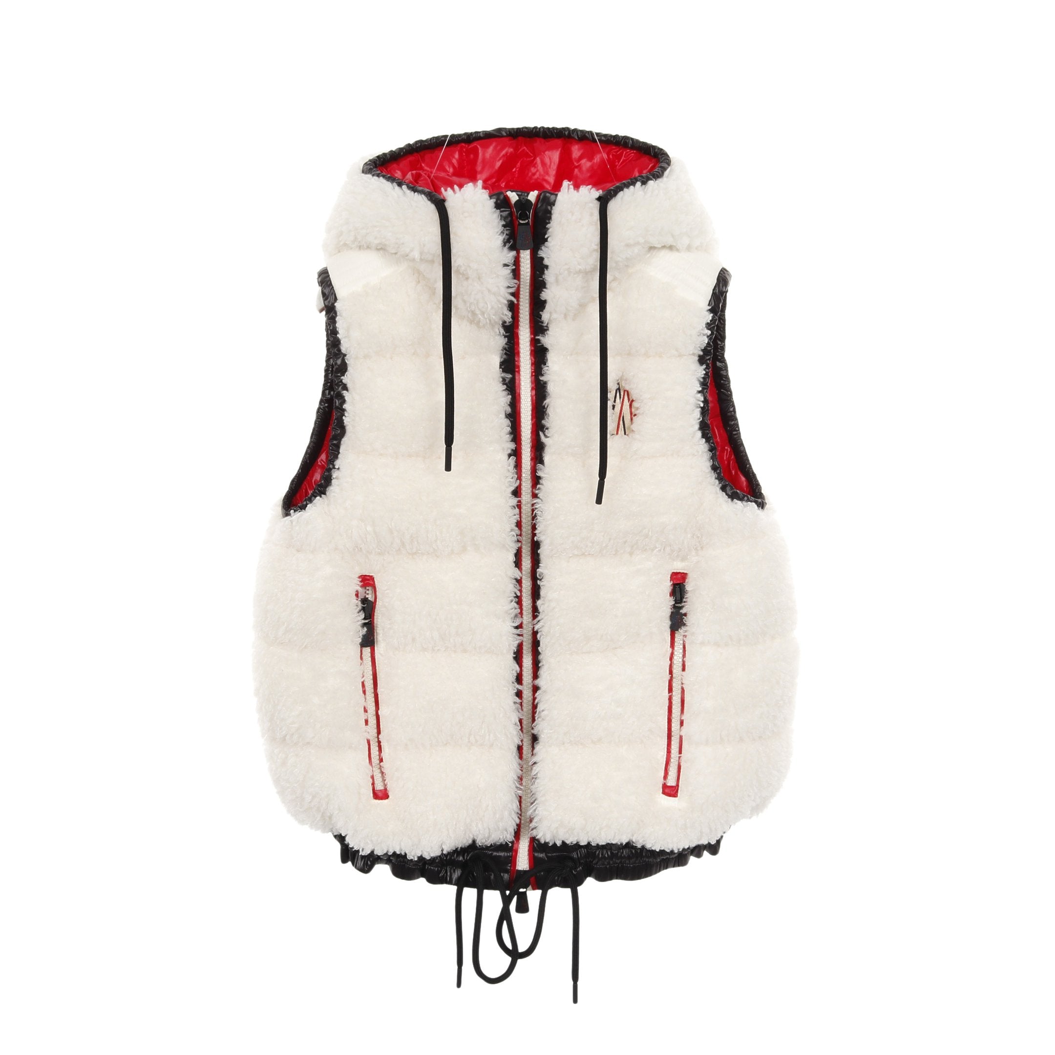 MONCLER フード付きダウンベスト ブラック/レッド/ホワイト モンクレール メンズ ベスト MONCLER ブランド ダウンベスト アウター