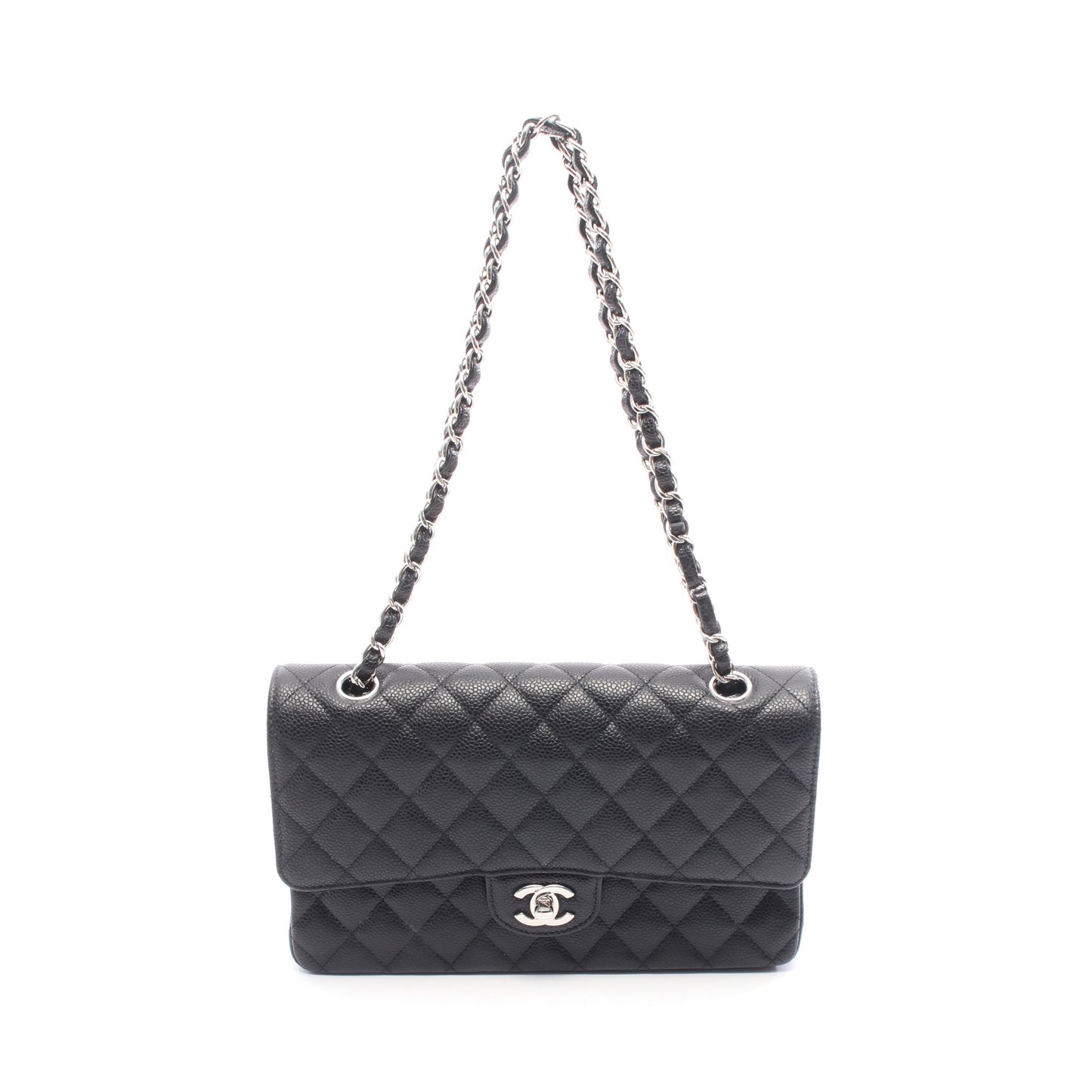 マトラッセ Wフラップ Wチェーンショルダーバッグ キャビアスキン ブラック シルバー金具 シャネル バッグ CHANEL