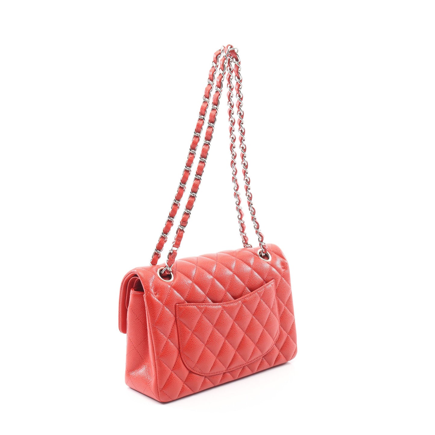 マトラッセ Wフラップ Wチェーンショルダーバッグ キャビアスキン レッド シルバー金具 シャネル バッグ CHANEL