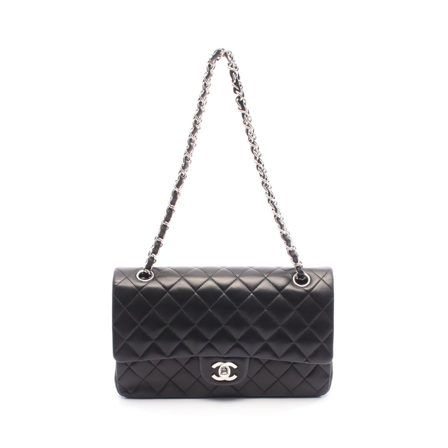 マトラッセ Wフラップ Wチェーンショルダーバッグ ラムスキン ブラック シルバー金具 シャネル バッグ CHANEL