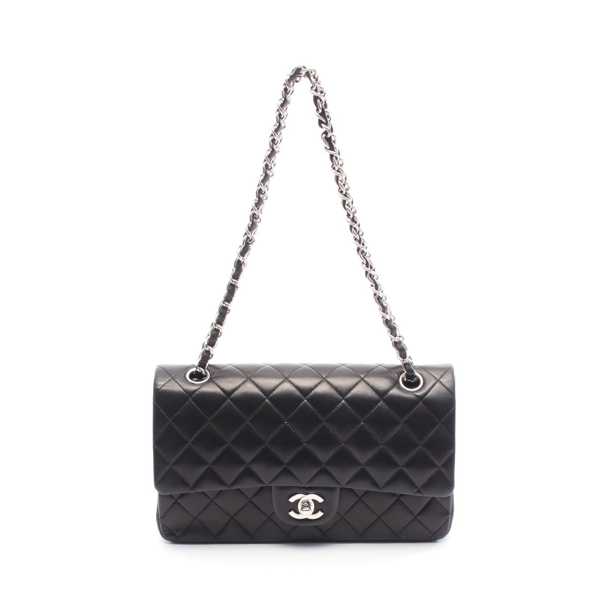 マトラッセ Wフラップ Wチェーンショルダーバッグ ラムスキン ブラック シルバー金具 シャネル バッグ CHANEL