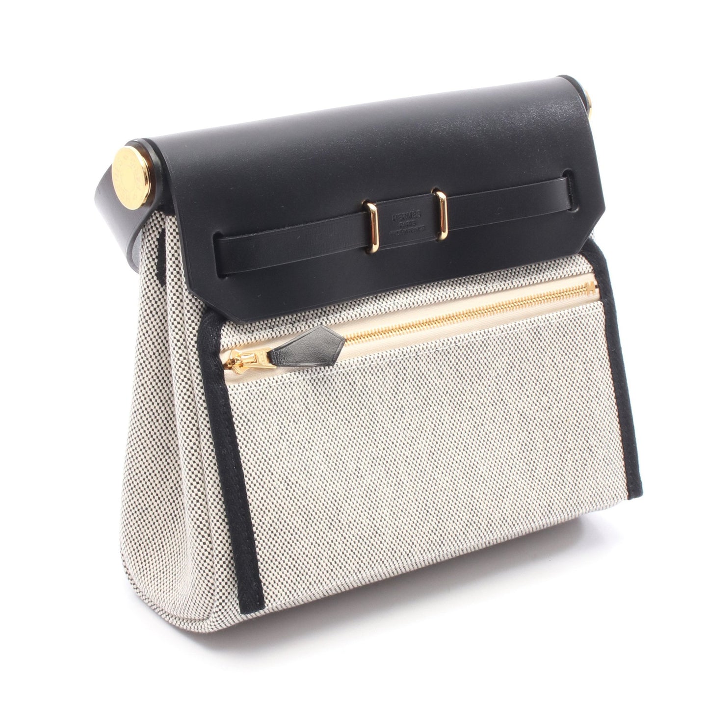 エールバッグジップ ミニ ショルダーバッグ トワルアッシュ レザー ネイビー グレー ゴールド金具 K刻印 エルメス バッグ HERMES