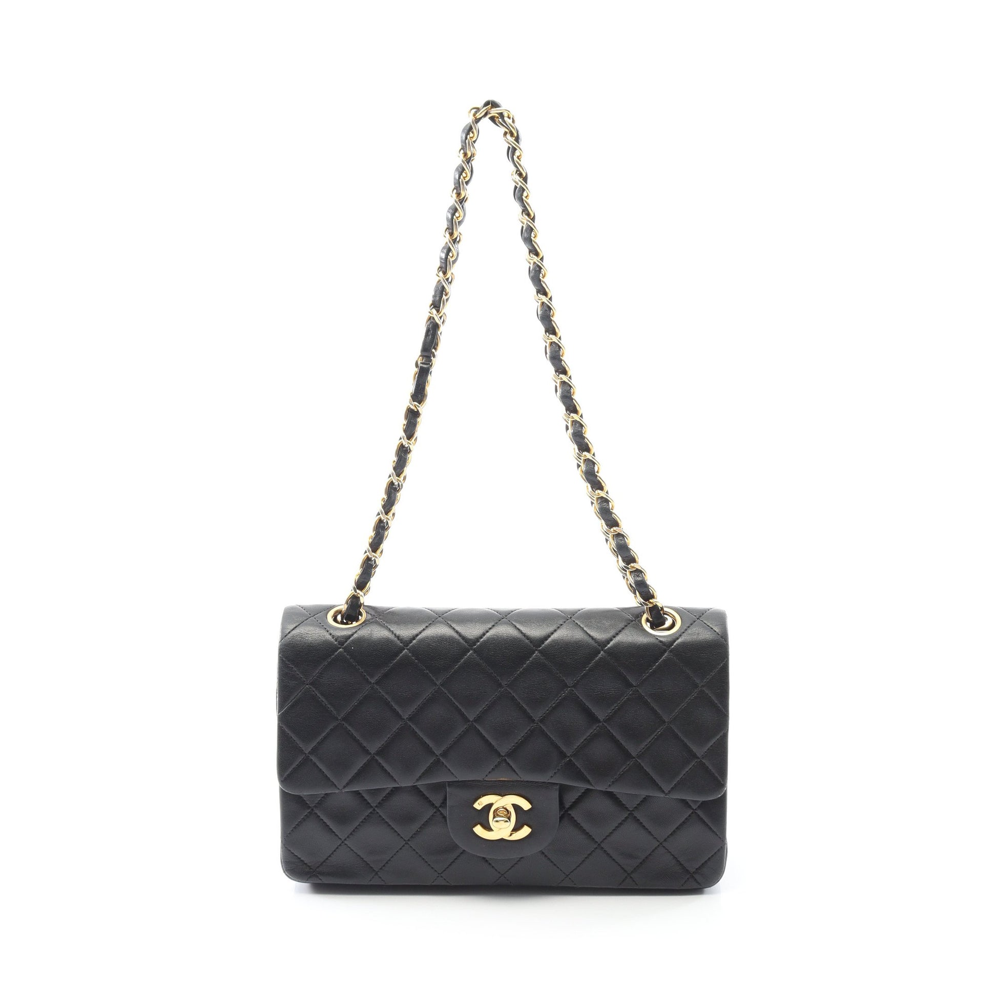 マトラッセ Wフラップ Wチェーンショルダーバッグ ラムスキン ブラック ゴールド金具 ヴィンテージ シャネル バッグ CHANEL