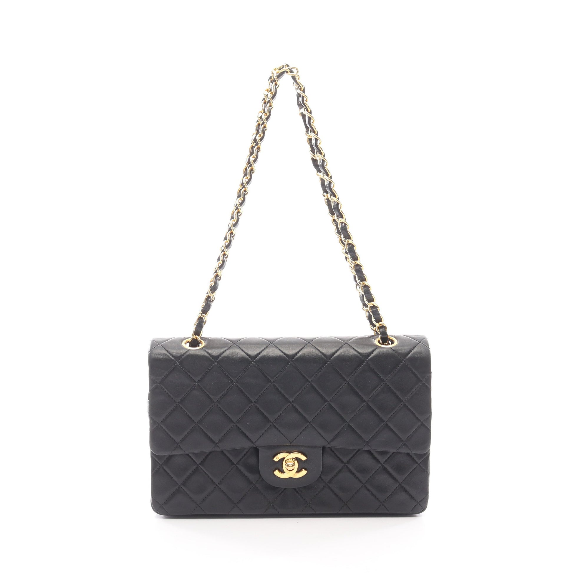 マトラッセ Wフラップ Wチェーンショルダーバッグ ラムスキン ブラック ゴールド金具 シャネル バッグ CHANEL