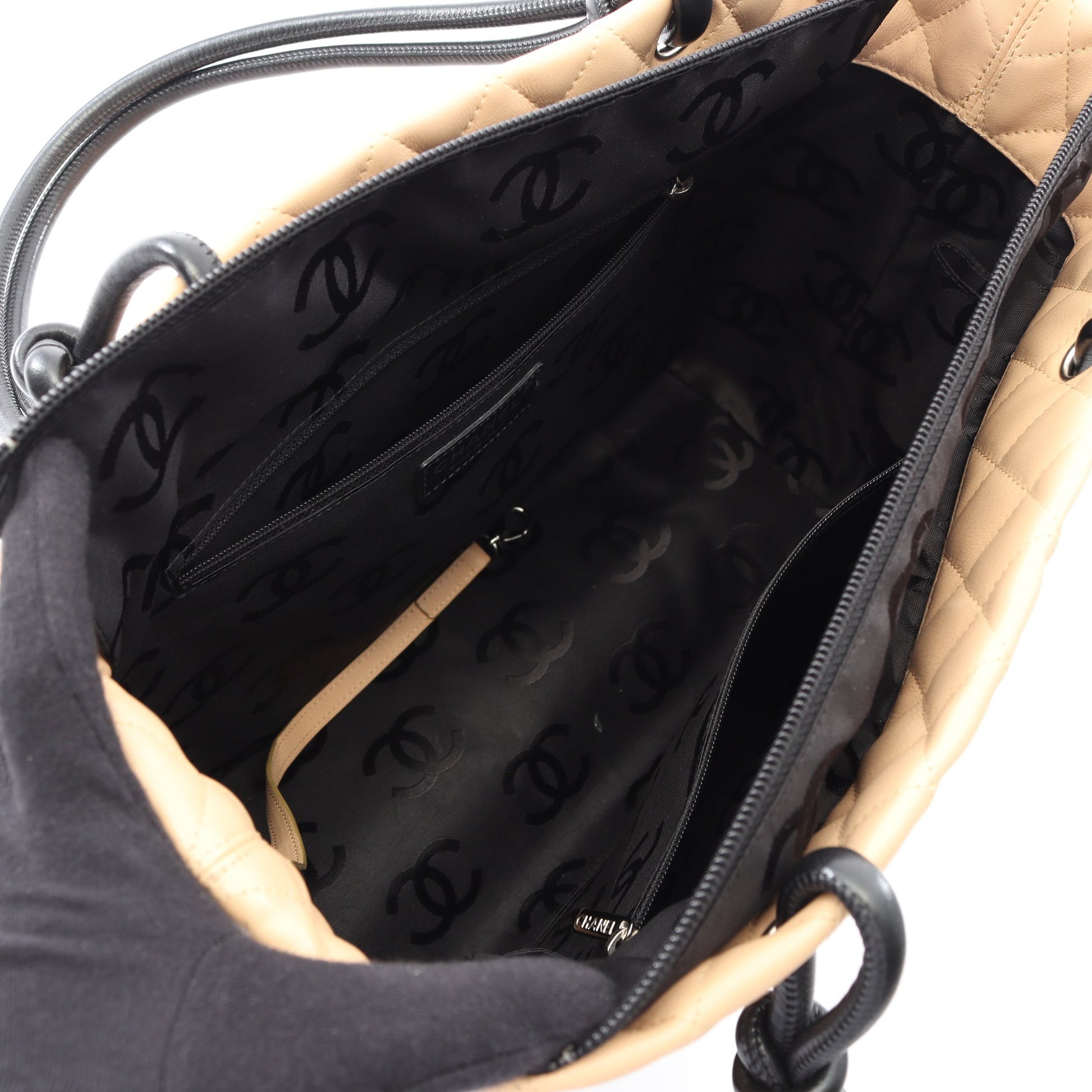カンボンライン ラージ ショルダーバッグ トートバッグ ラムスキン ベージュ ブラック シルバー金具 シャネル バッグ CHANEL