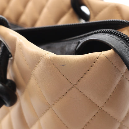 カンボンライン ラージ ショルダーバッグ トートバッグ ラムスキン ベージュ ブラック シルバー金具 シャネル バッグ CHANEL