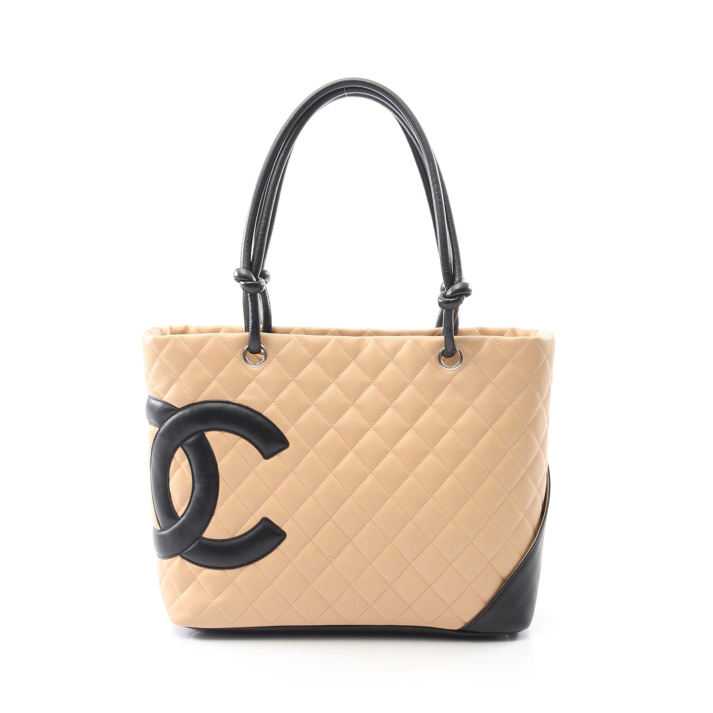 カンボンライン ラージ ショルダーバッグ トートバッグ ラムスキン ベージュ ブラック シルバー金具 シャネル バッグ CHANEL