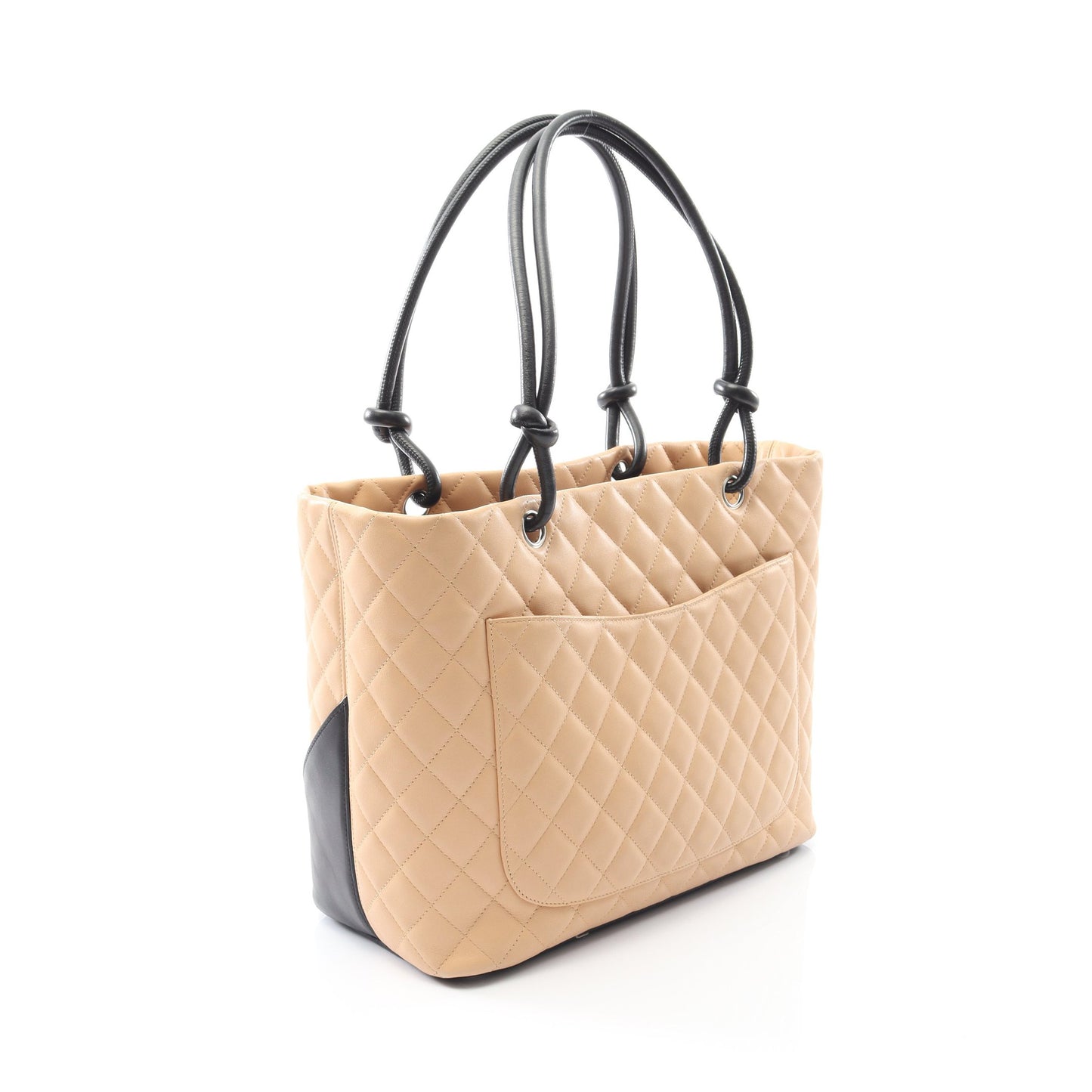 カンボンライン ラージ ショルダーバッグ トートバッグ ラムスキン ベージュ ブラック シルバー金具 シャネル バッグ CHANEL