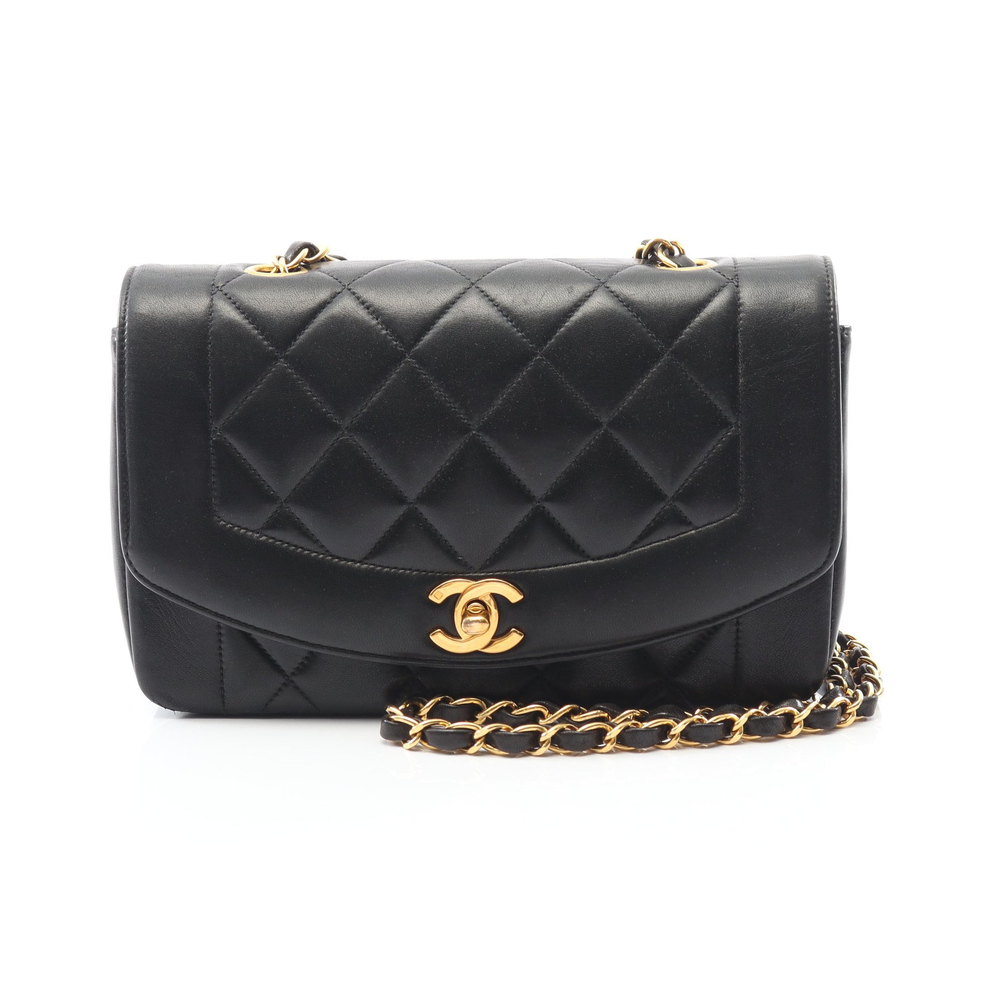 マトラッセ ダイアナフラップ チェーンショルダーバッグ ラムスキン ブラック ゴールド金具 シャネル バッグ CHANEL