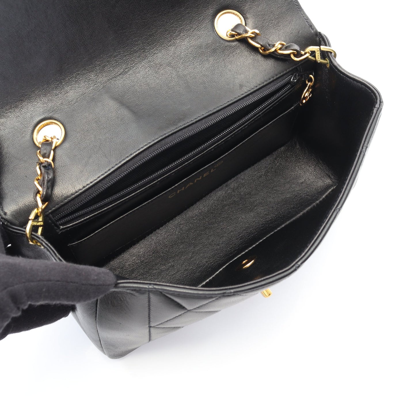 マトラッセ ダイアナフラップ チェーンショルダーバッグ ラムスキン ブラック ゴールド金具 シャネル バッグ CHANEL