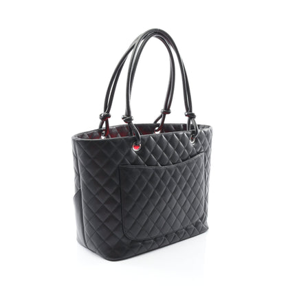 カンボンライン ラージ ショルダーバッグ トートバッグ レザー ブラック ホワイト シルバー金具 シャネル バッグ CHANEL