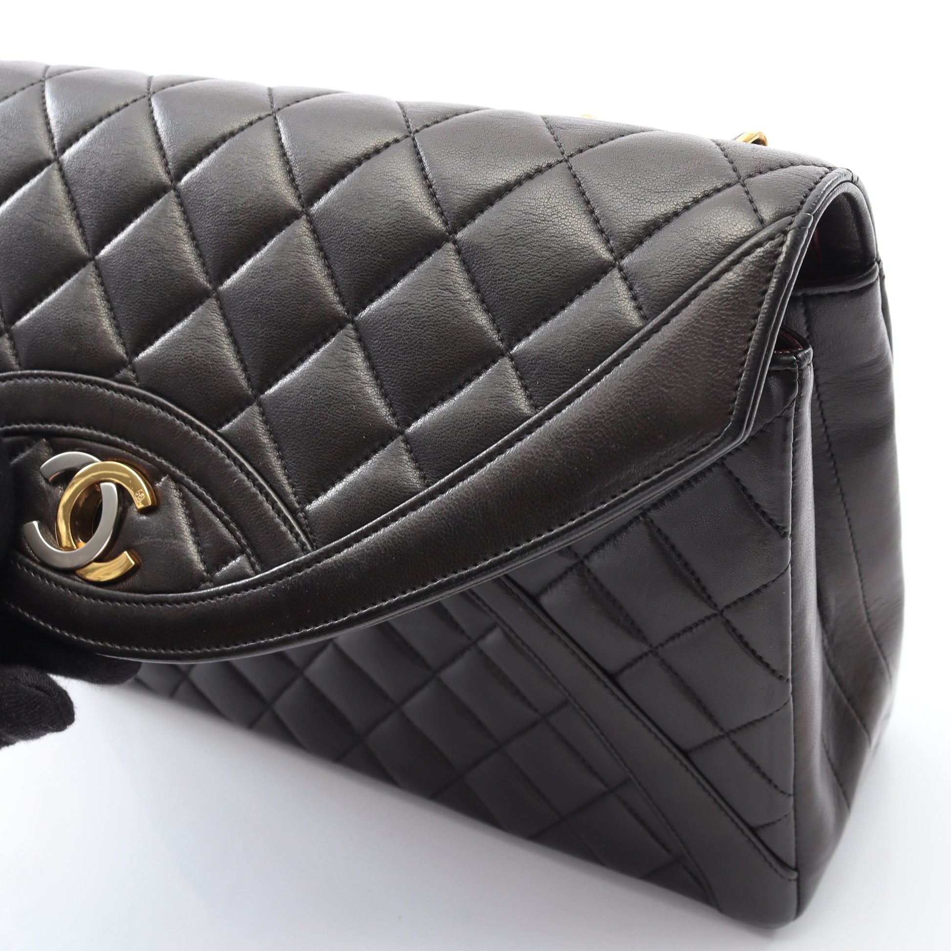 マトラッセ パリ限定 Wチェーンショルダーバッグ ラムスキン ブラック コンビ金具 ヴィンテージ シャネル バッグ CHANEL