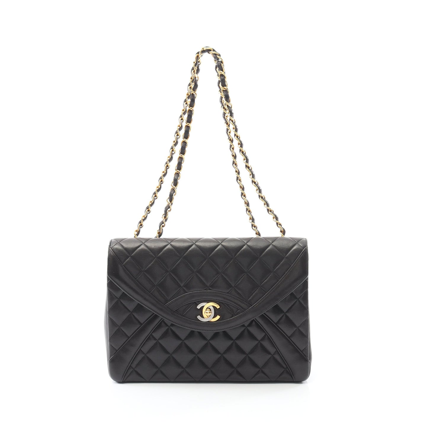 マトラッセ パリ限定 Wチェーンショルダーバッグ ラムスキン ブラック コンビ金具 ヴィンテージ シャネル バッグ CHANEL