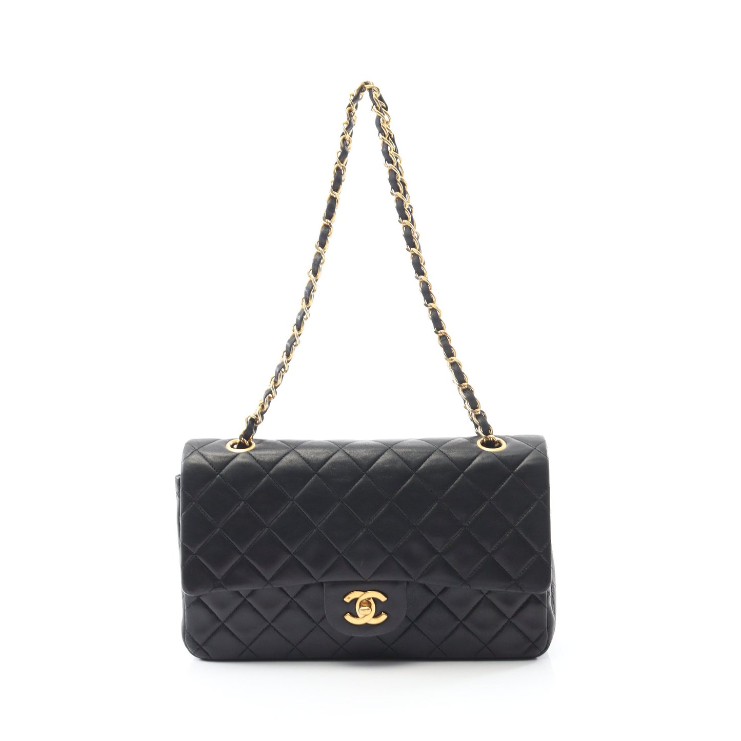 マトラッセ Wフラップ Wチェーンショルダーバッグ ラムスキン ブラック ゴールド金具 ヴィンテージ シャネル バッグ CHANEL