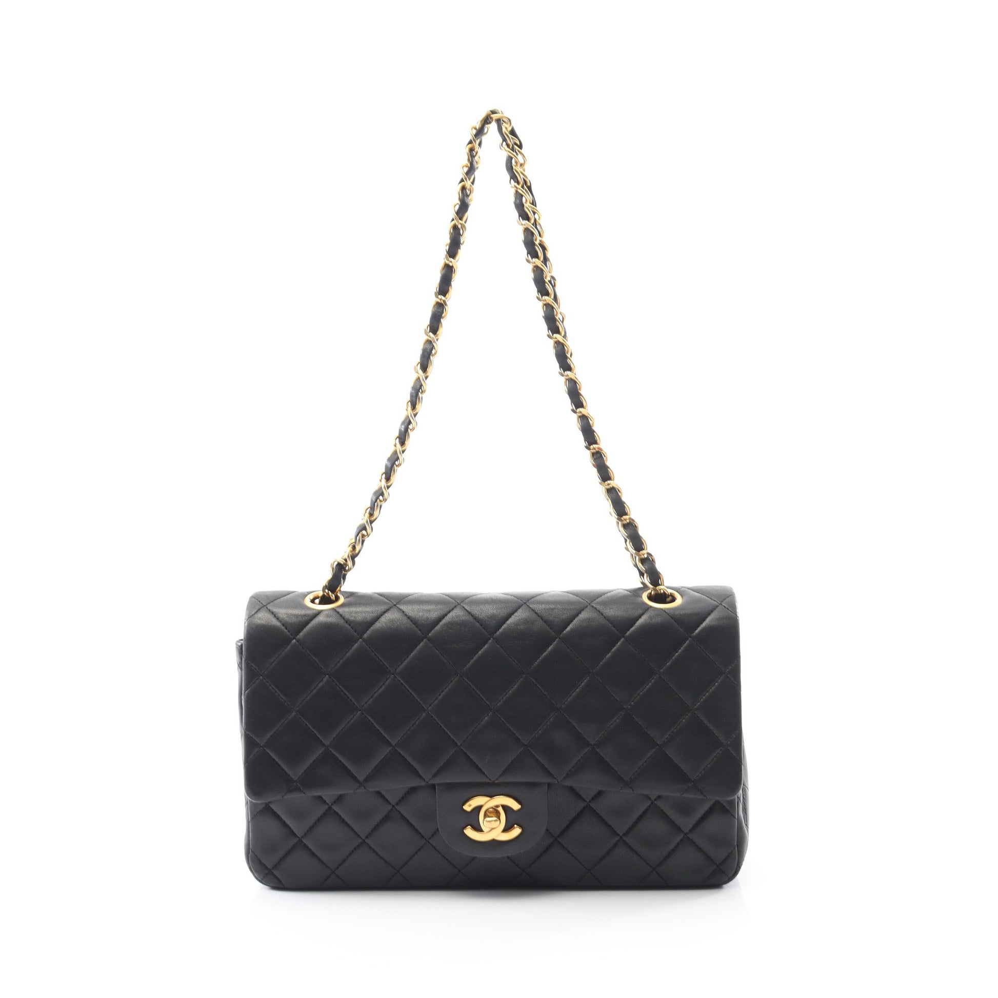 マトラッセ Wフラップ Wチェーンショルダーバッグ ラムスキン ブラック ゴールド金具 ヴィンテージ シャネル バッグ CHANEL