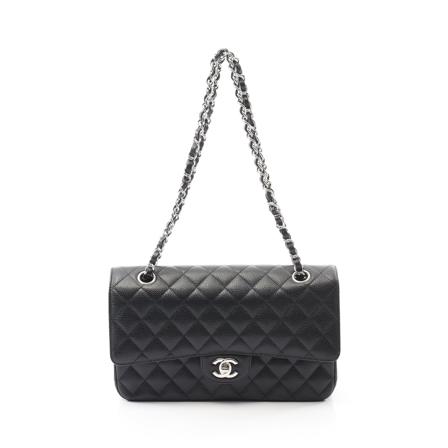 マトラッセ Wフラップ Wチェーンショルダーバッグ キャビアスキン ブラック シルバー金具 シャネル バッグ CHANEL