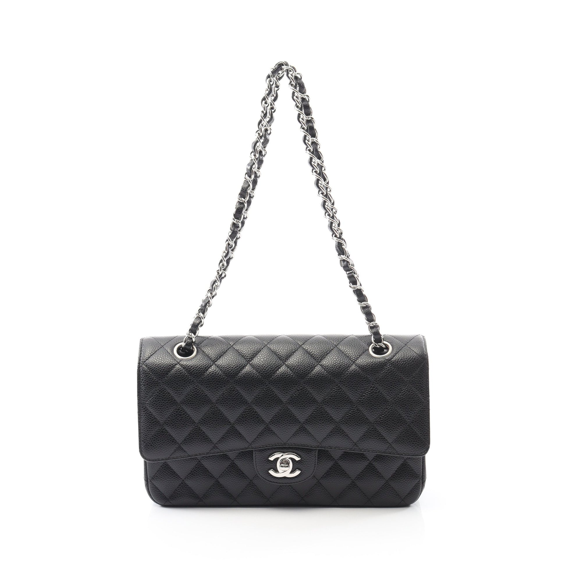 マトラッセ Wフラップ Wチェーンショルダーバッグ キャビアスキン ブラック シルバー金具 シャネル バッグ CHANEL