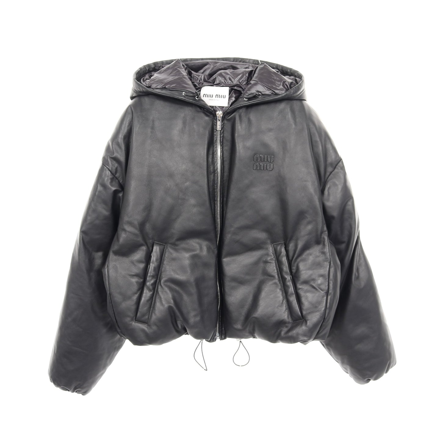 ナッパレザー ジャケット ロゴ レザー ブラック フード付き 中綿 ミュウミュウ アウター miu miu