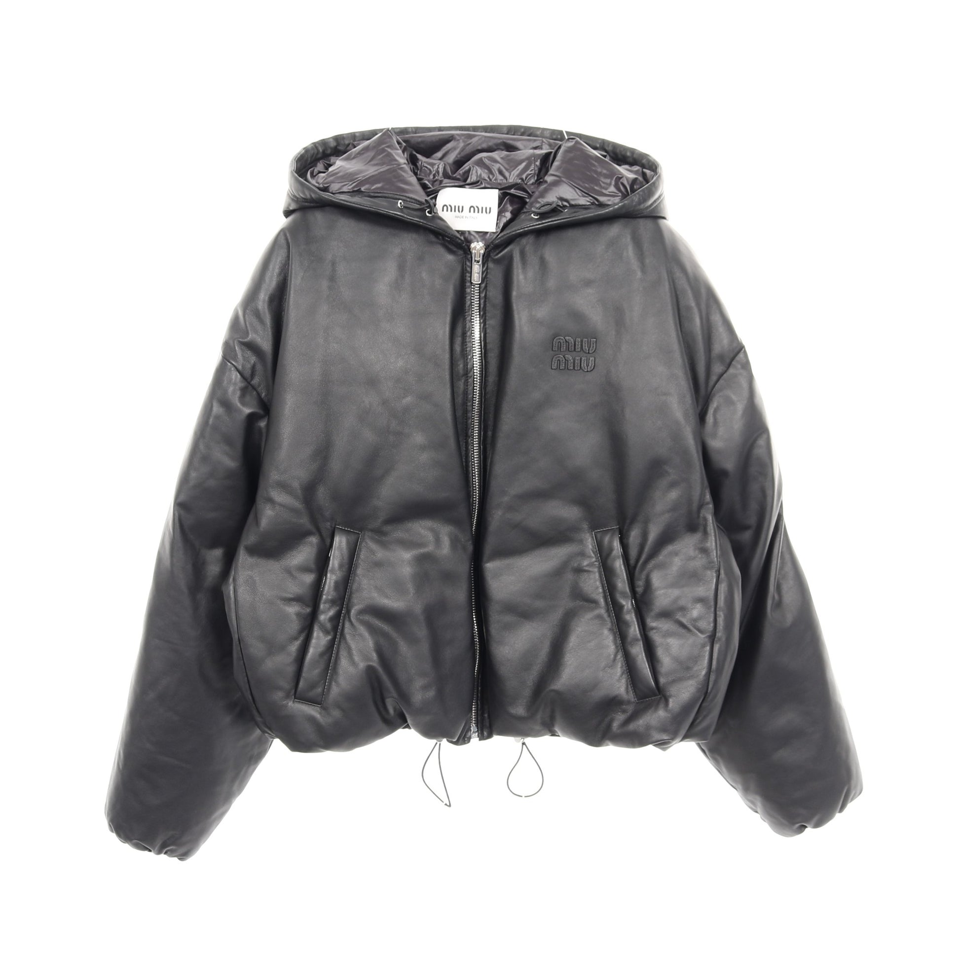 ナッパレザー ジャケット ロゴ レザー ブラック フード付き 中綿 ミュウミュウ アウター miu miu