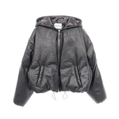 ナッパレザー ジャケット ロゴ レザー ブラック フード付き 中綿 ミュウミュウ アウター miu miu