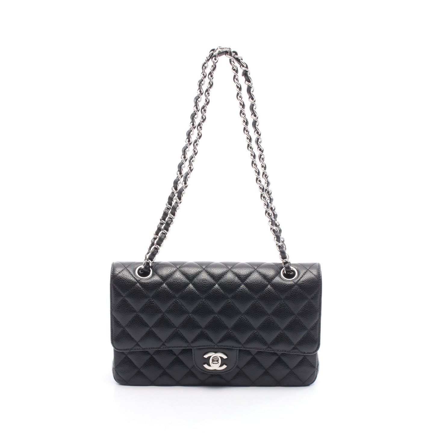 マトラッセ Wフラップ Wチェーンショルダーバッグ キャビアスキン ブラック シルバー金具 シャネル バッグ CHANEL