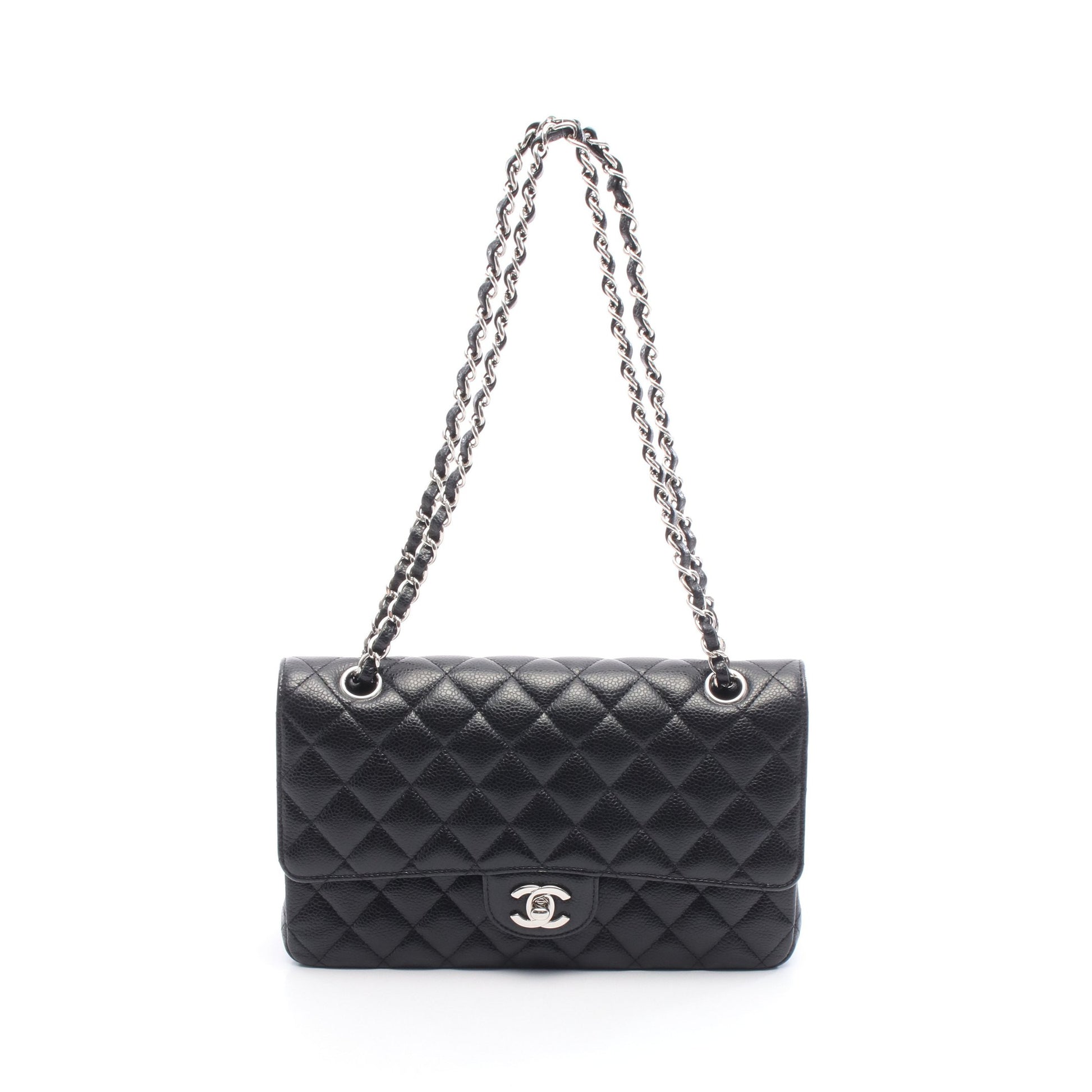 マトラッセ Wフラップ Wチェーンショルダーバッグ キャビアスキン ブラック シルバー金具 シャネル バッグ CHANEL