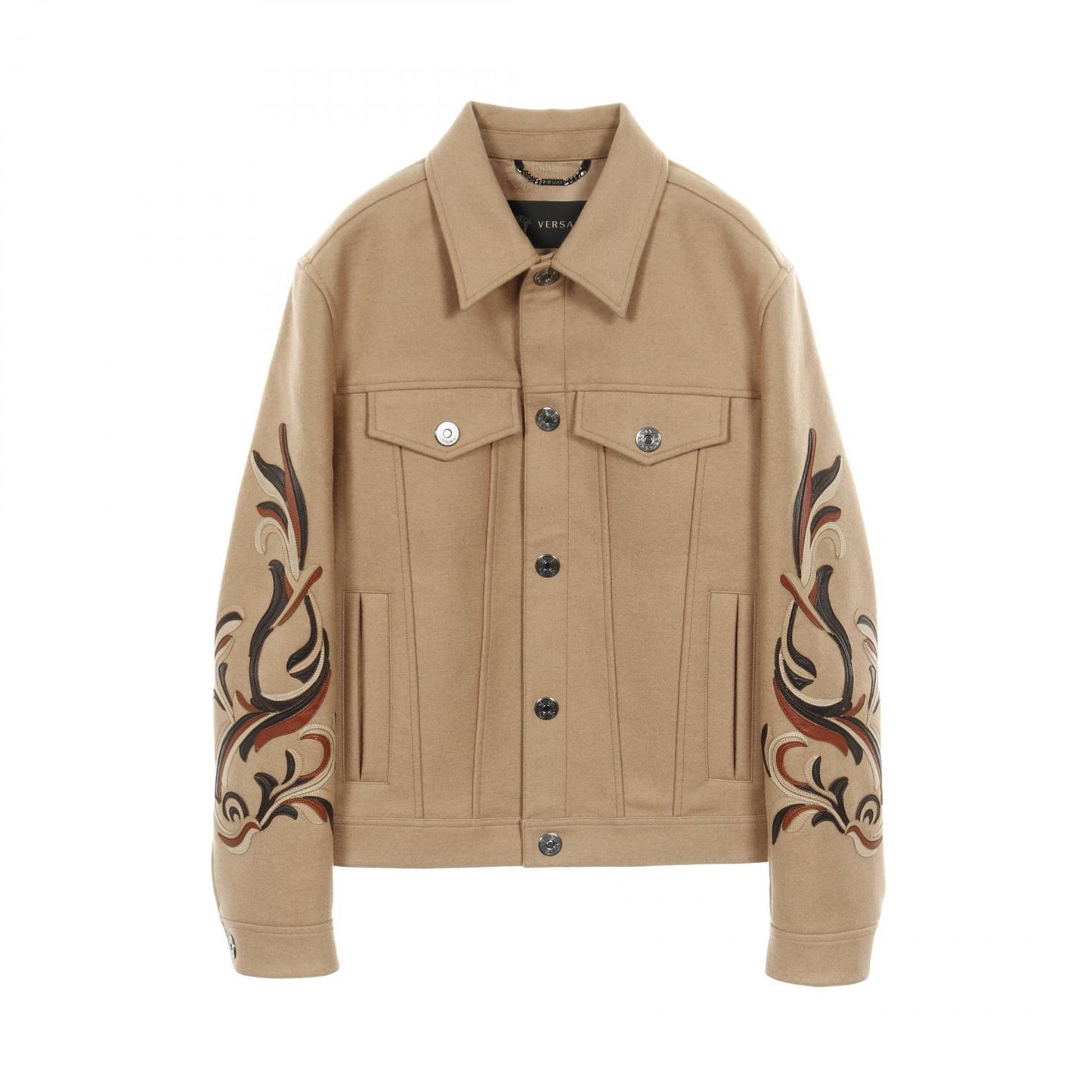 ジャケット カバーオール 袖レザーパッチ ウール キャメル ベージュ ブラウン ヴェルサーチ アウター Versace