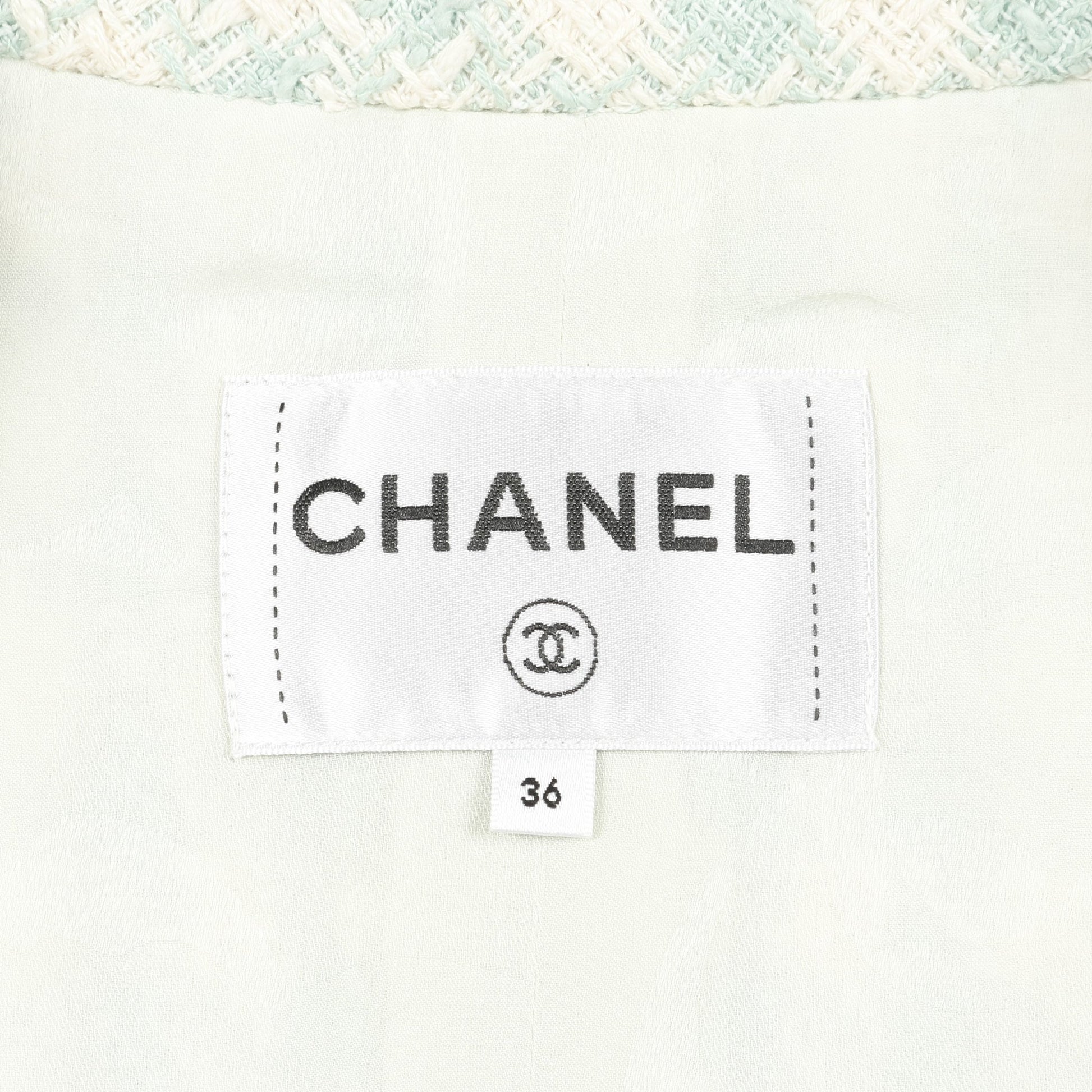 ココマークビジューボタン ツイード ジャケット コットン ターコイズブルー オフホワイト シャネル アウター CHANEL