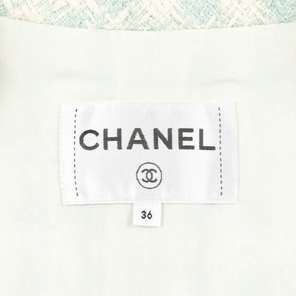 ココマークビジューボタン ツイード ジャケット コットン ターコイズブルー オフホワイト シャネル アウター CHANEL