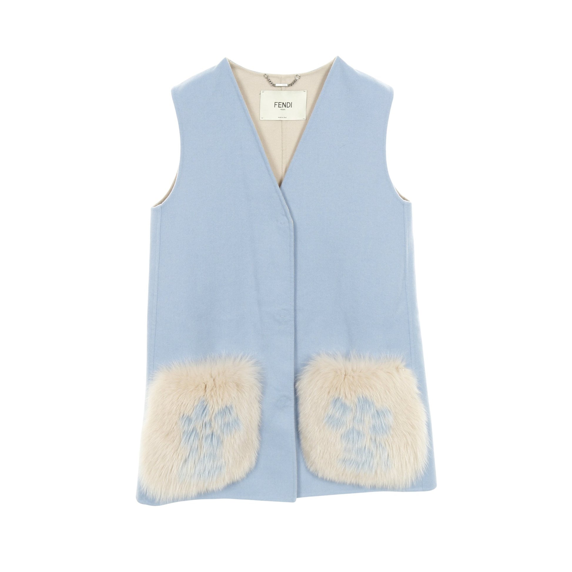 ロングジレ ベスト ウール フォックスファー ライトブルー ベージュ フェンディ アウター FENDI