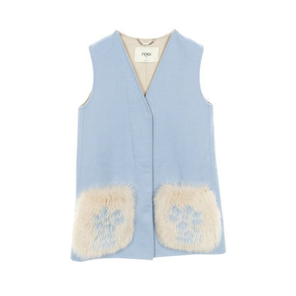ロングジレ ベスト ウール フォックスファー ライトブルー ベージュ フェンディ アウター FENDI