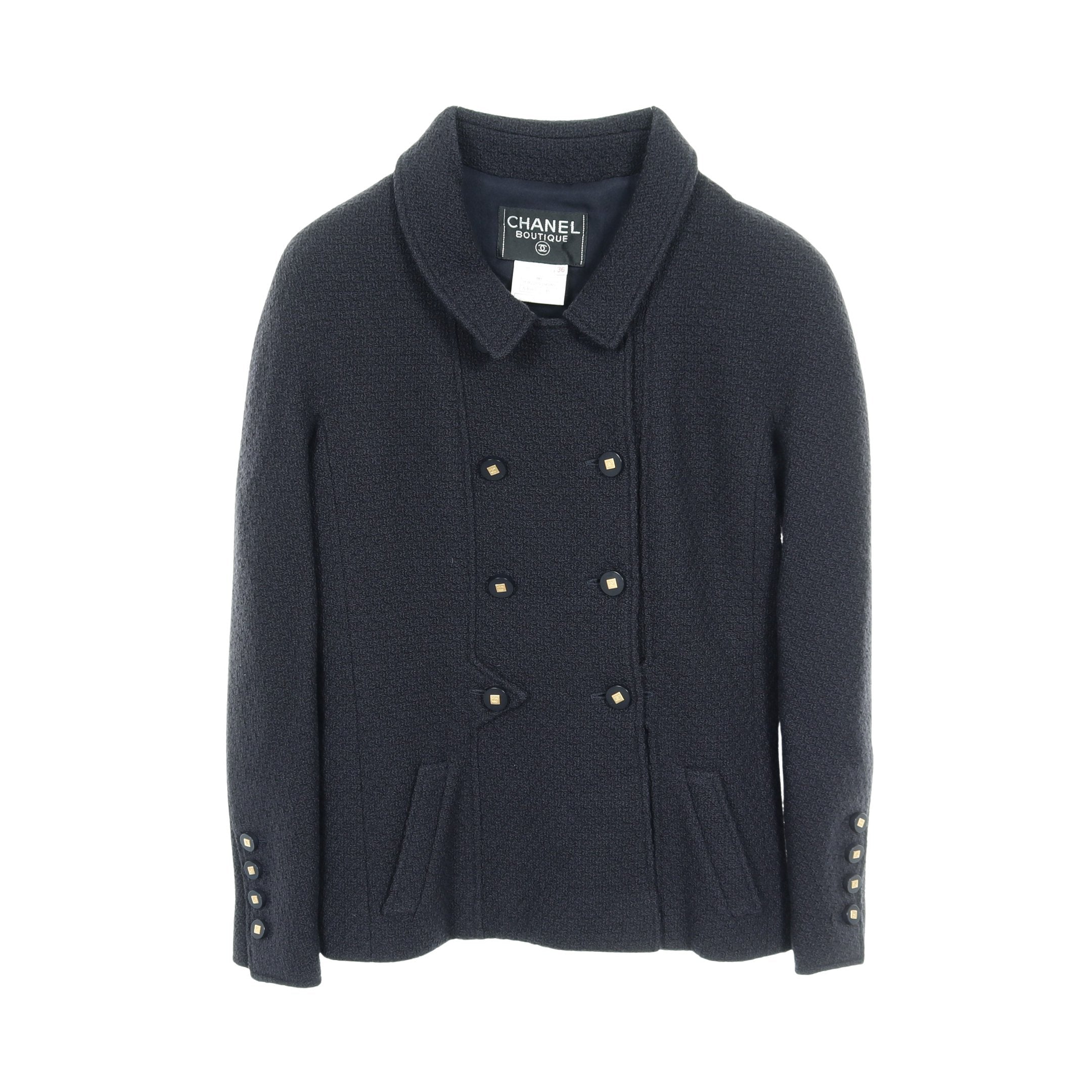 ココマークボタン ツイード ジャケット ウール ネイビー シャネル – RECLO