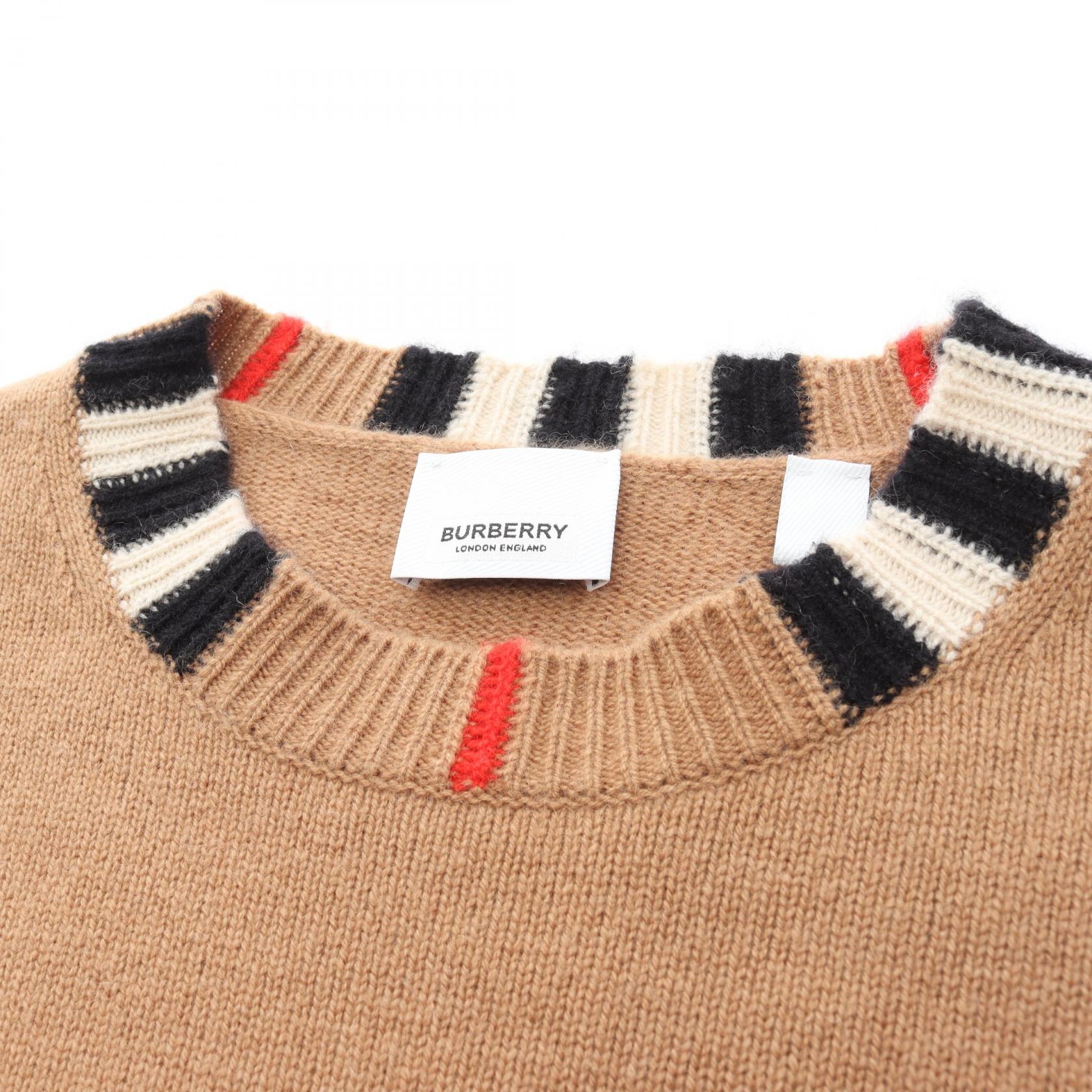 アイコンストライプトリム セーター ニット クルーネック カシミヤ ライトブラウン マルチカラー バーバリー トップス BURBERRY
