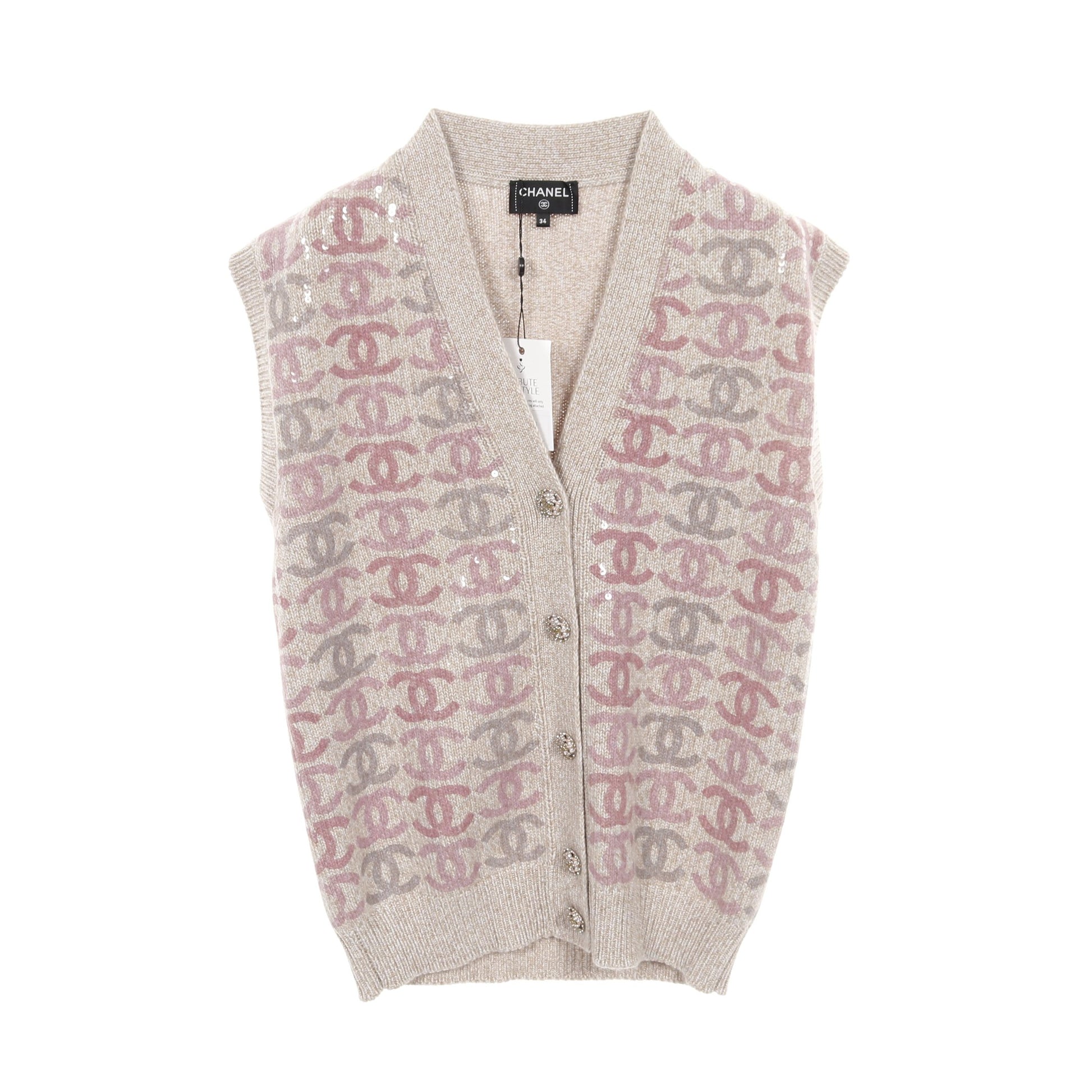 ココマークボタン ニット ベスト カシミヤ ベージュ ピンク スパンコール シャネル トップス CHANEL