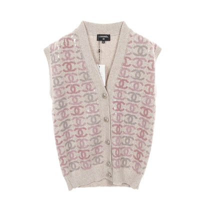ココマークボタン ニット ベスト カシミヤ ベージュ ピンク スパンコール シャネル トップス CHANEL