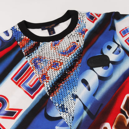グラフィックプリント ステートメント Tシャツ クルーネック 半袖 コットン ブルー レッド マルチカラー スパンコール ルイヴィトン トップス LOUIS VUITTON