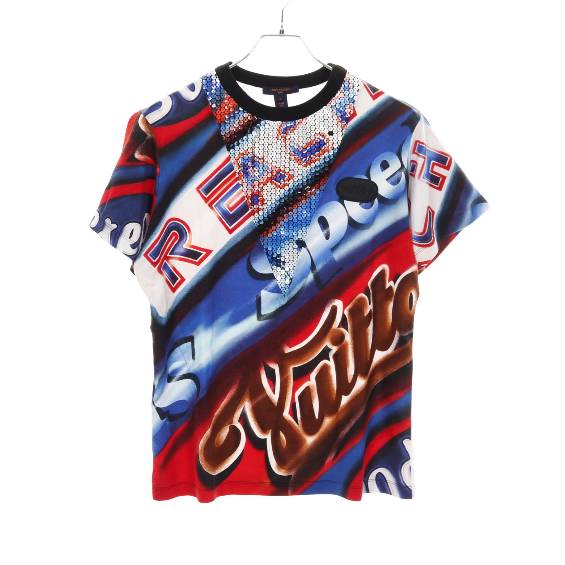 グラフィックプリント ステートメント Tシャツ クルーネック 半袖 コットン ブルー レッド マルチカラー スパンコール ルイヴィトン トップス LOUIS VUITTON