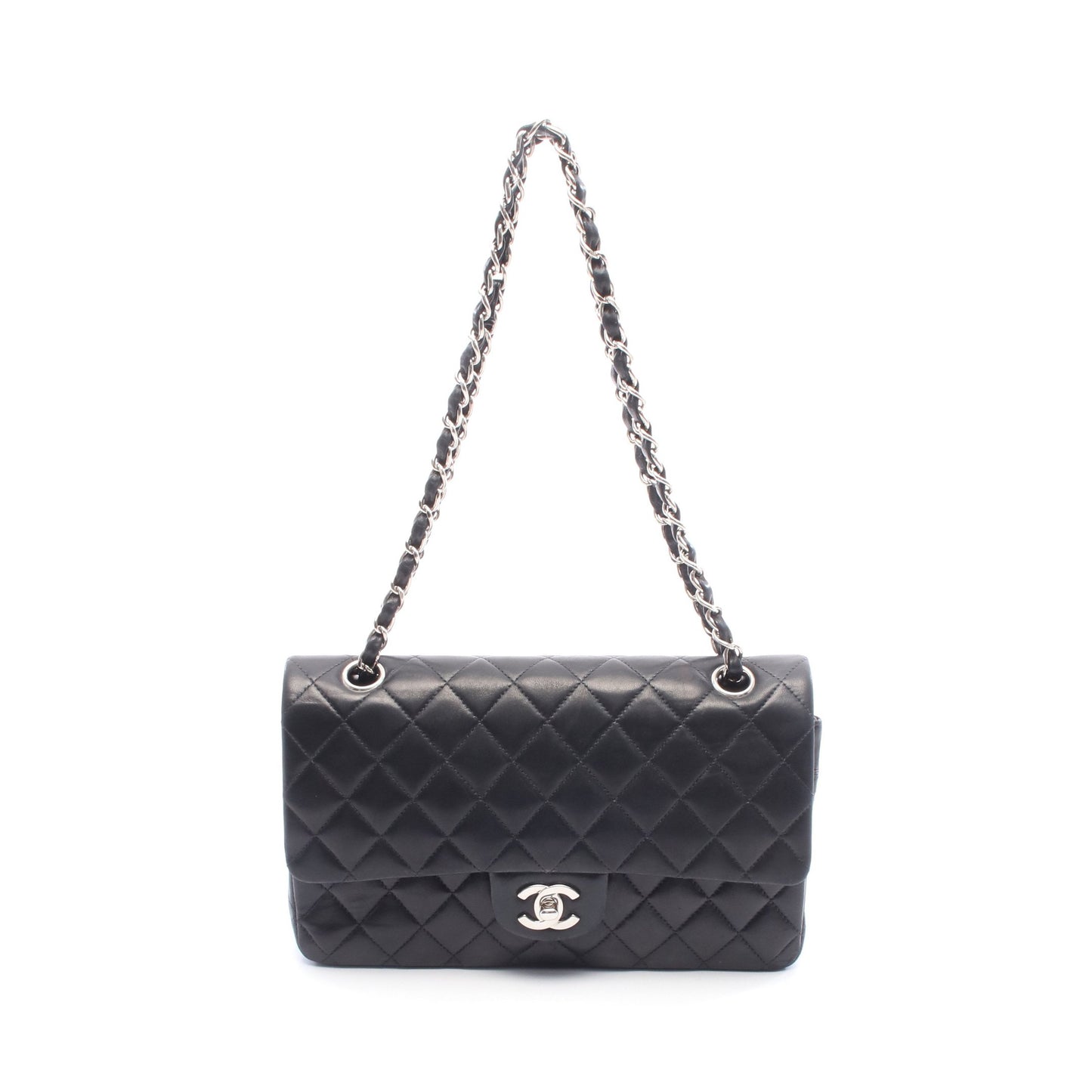 マトラッセ Wフラップ Wチェーンショルダーバッグ ラムスキン ブラック シルバー金具 シャネル バッグ CHANEL