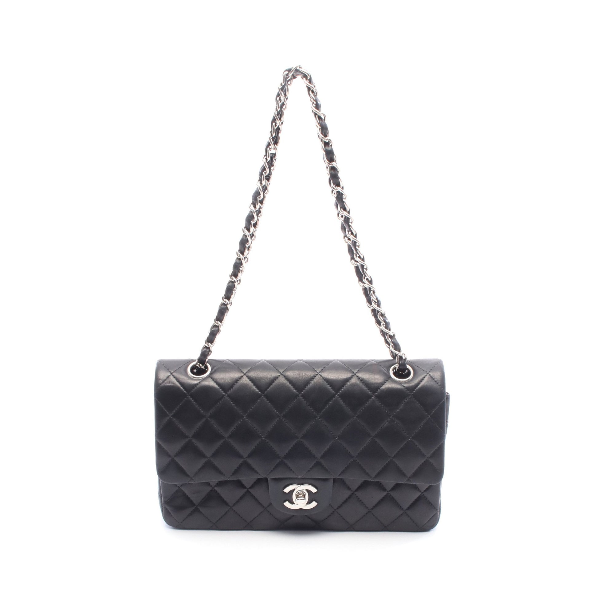 マトラッセ Wフラップ Wチェーンショルダーバッグ ラムスキン ブラック シルバー金具 シャネル バッグ CHANEL