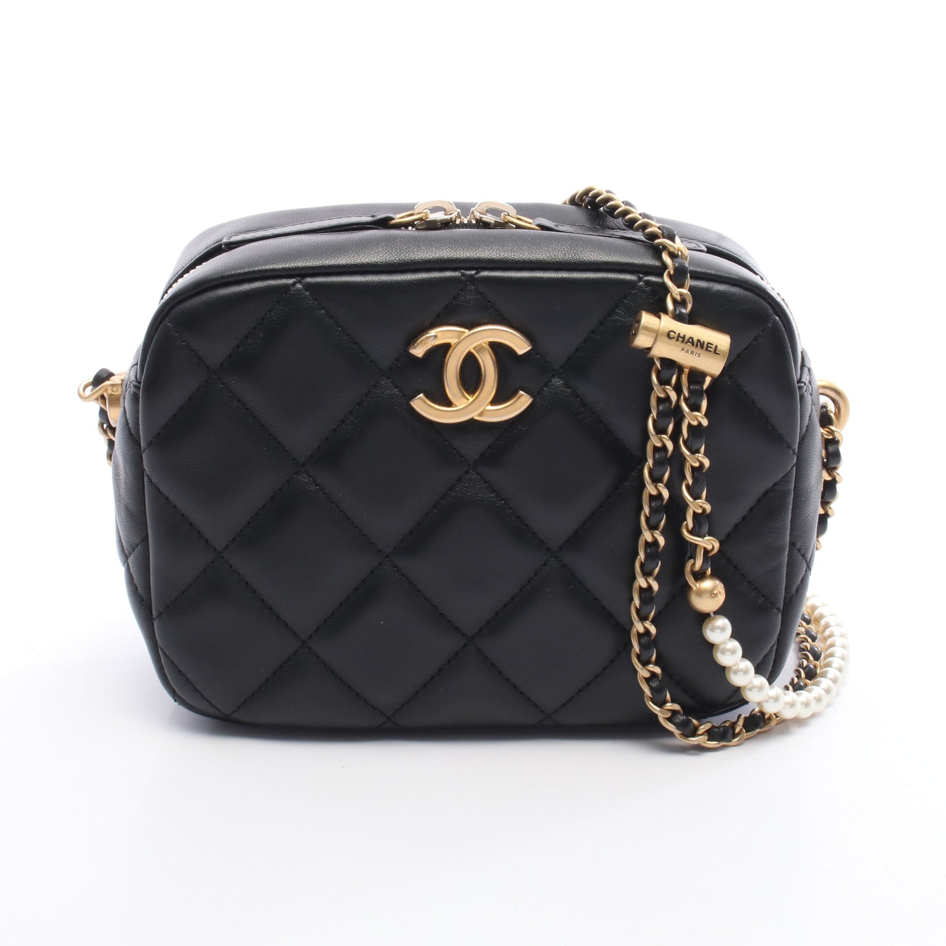 マトラッセ チェーンショルダーバッグ レザー ブラック ゴールド金具 フェイクパール シャネル バッグ CHANEL