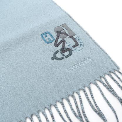 H パズル マフラー 刺繍 カシミヤ ブルーグリーン エルメス 財布・小物 HERMES