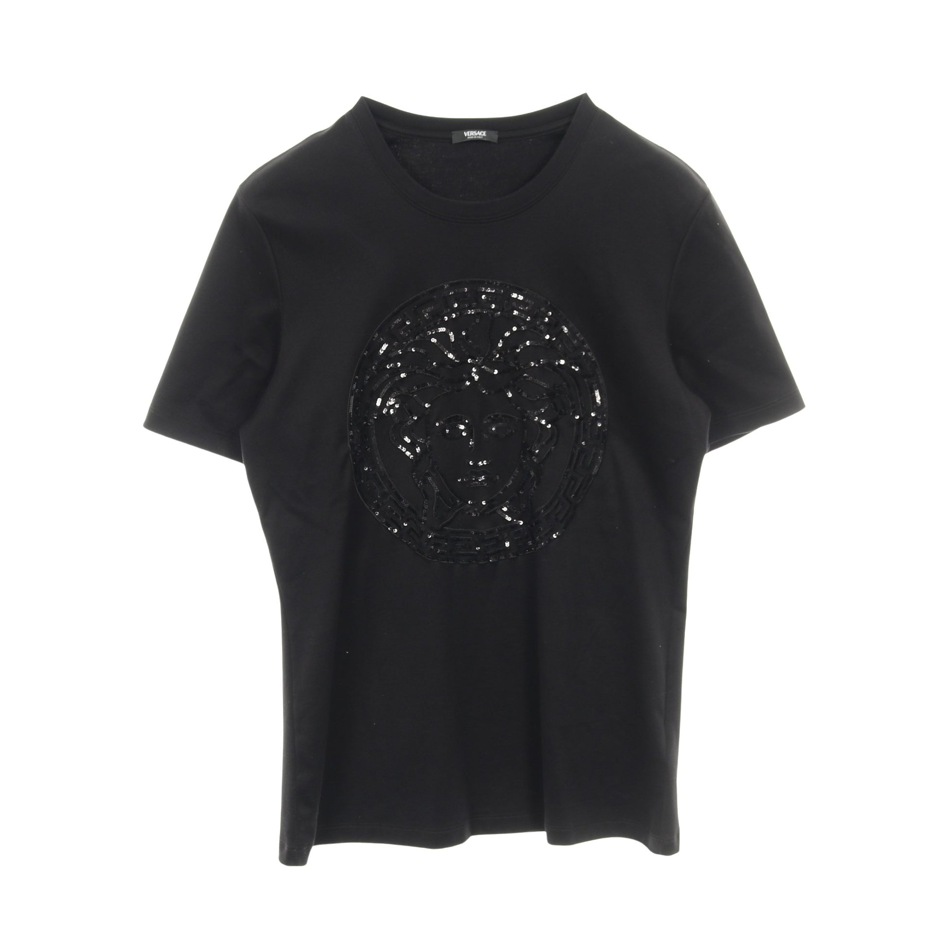 メデューサ Tシャツ クルーネック 半袖 スパンコール コットン ブラック ヴェルサーチ トップス Versace