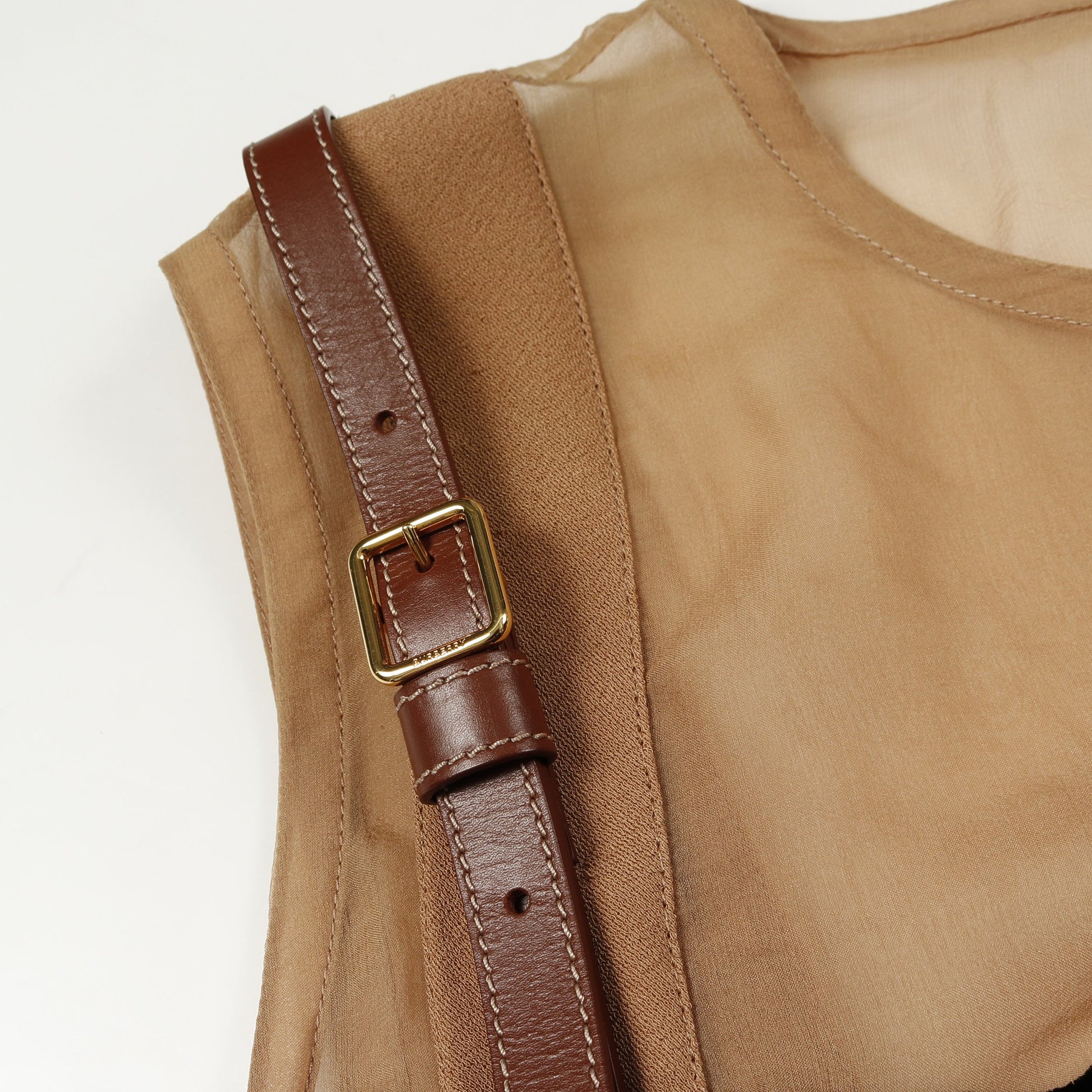 ワンピース ノースリーブ レース シルク レザー ライトブラウン ブラック 切替 バーバリー ワンピース BURBERRY