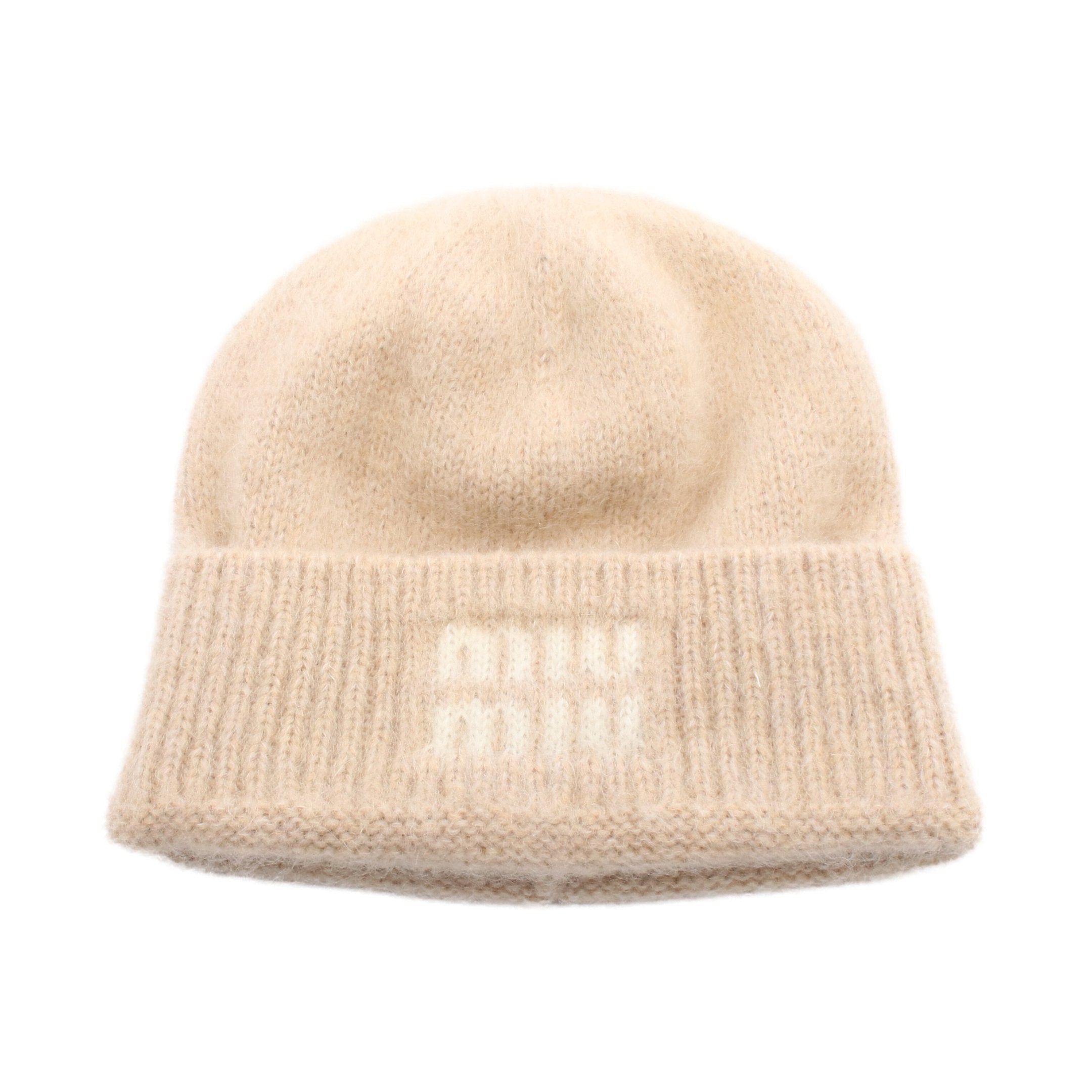 ロゴ ニット帽 ビーニー モヘヤ ウール ベージュ ホワイト